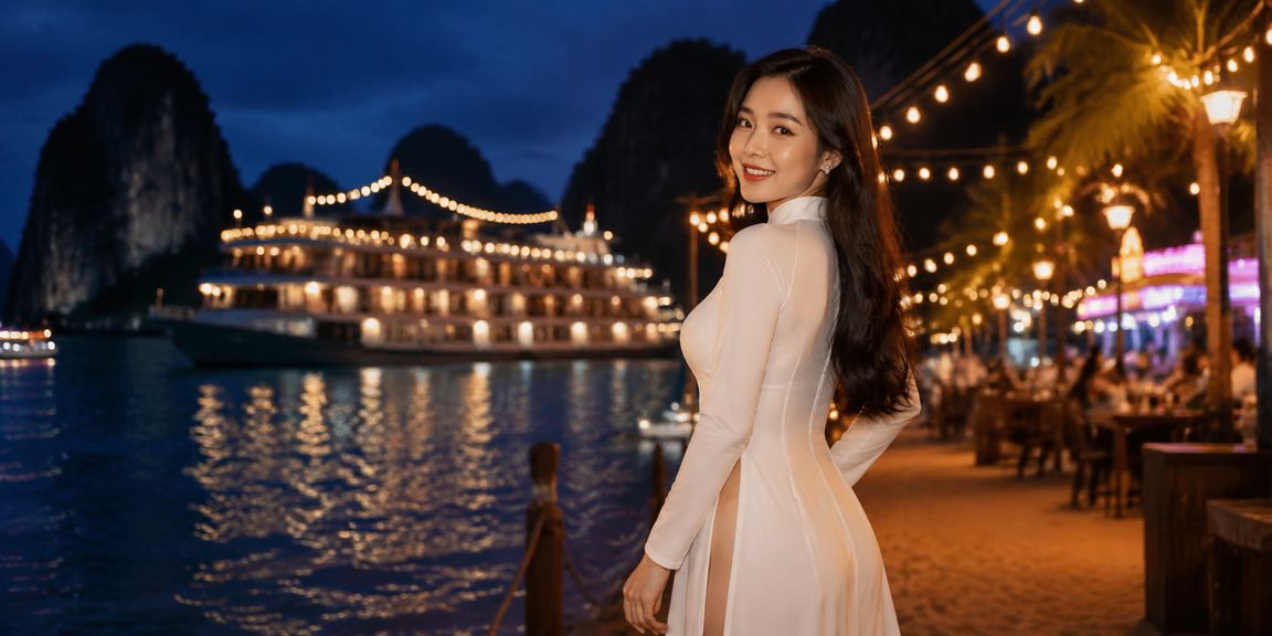 Cảnh vịnh Hạ Long với người mặc áo dài tham gia cá cược trực tuyến