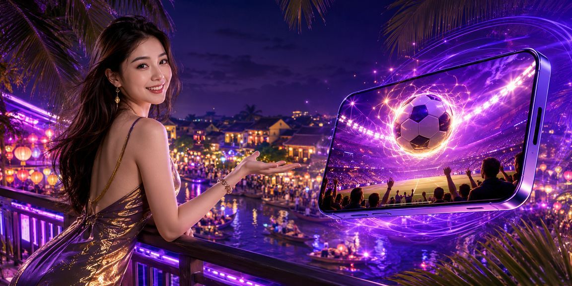 Người dùng dùng điện thoại chơi casino mobile dưới ánh đèn lồng Hội An